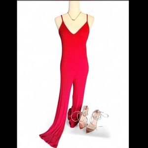 Zara red Ribbed V-Neck Sleeveless Jumpsuit